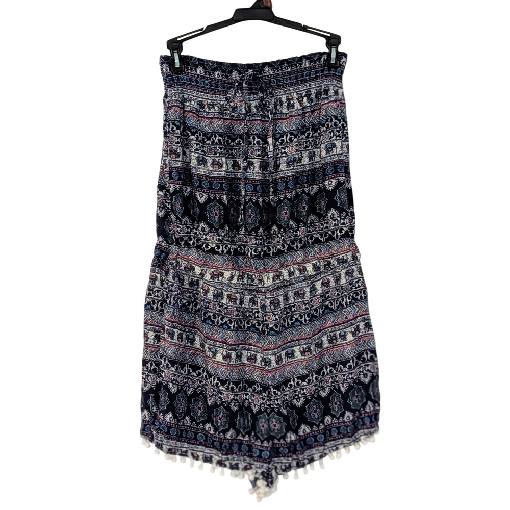 rue21 Womens XL Boho Navy Blue Elephant Print Pom Pom Trim Strapless Romper NWT